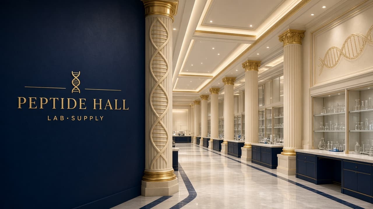 Navy laboratory hall with gold DNA columns and Peptide Hall wordmark. Research use only.